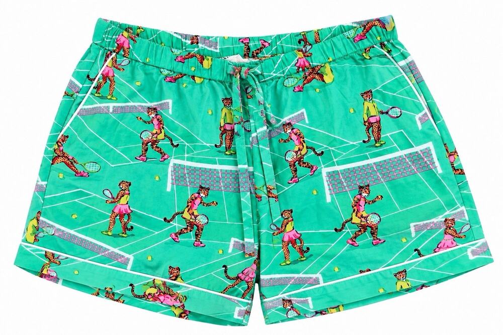 Printfresh CourtSide Cats PJ Shorts Teal Organic Cotton Size Medium Animal Print